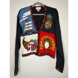 1980s Patchwork Thanksgiving Turkey Mayflower Pilgrims Halloween Fall Cardigan L